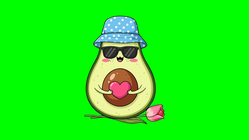 A charming cartoon avocado character wearing sunglasses and a bucket hat, holding a pink heart, with a rose nearby. Perfect for love and healthy eating themes.