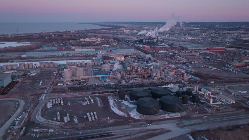 Early morning aerial view of industrial area in Hamilton, Ontario, Canada