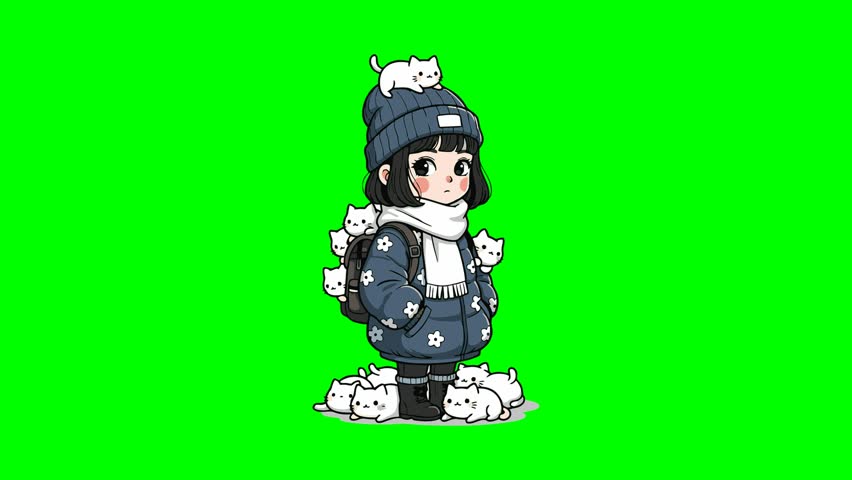 A charming anime character in traditional Japanese attire is depicted snowboarding against a vibrant green screen background, perfect for easy compositing.