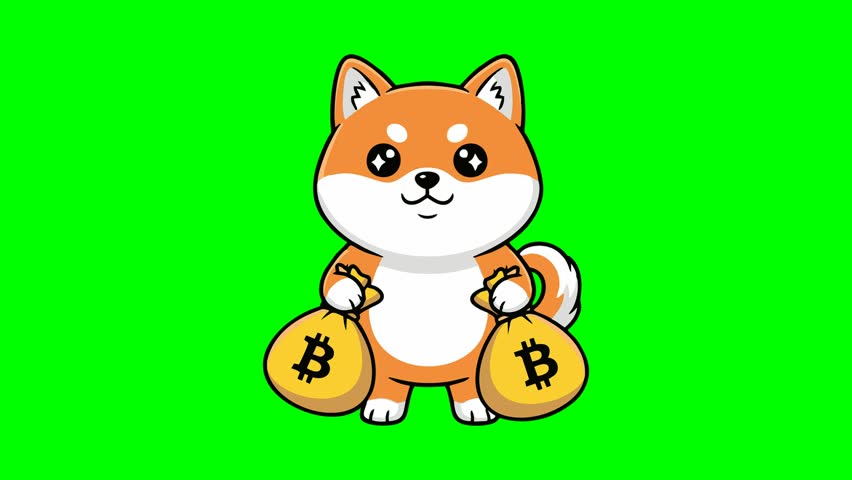 A charming animated Shiba Inu dog character happily holds two large bags of digital currency, ready for compositing on a vibrant green screen background in financial or cryptocurrency-themed video projects.