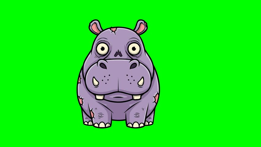 A funny cartoon hippo with big eyes and a wide mouth, standing on a green screen. This illustration is perfect for animation and creative projects.