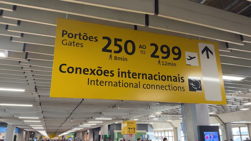 Sign showing the direction of gates 250 to 299 at Guarulhos Airport, São Paulo
