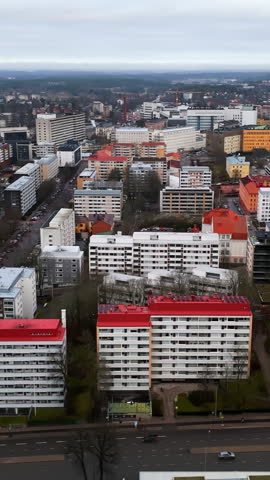 Vertical aerial of the Kupittaa district in Turku, residential and office buildings
