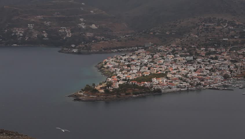 Top view of the Greek town from the top point of the Moni island, Greece (HD)
