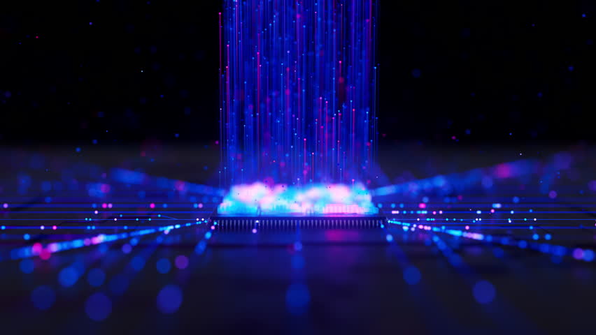 Artificial intelligence microchip, central data processing unit on circuit board. Quantum computing core with data flow into and logic operations. Futuristic technology neural network processor.