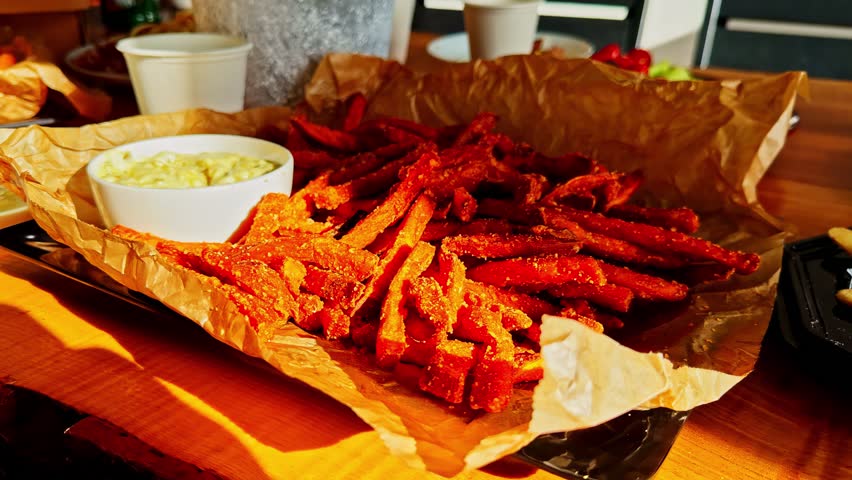 Close up of sweet potato fries served on paper with a small pot of dipping sauce