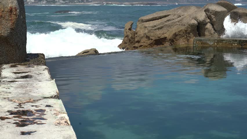 Waves crashing over the tidal pool along a rocky shoreline