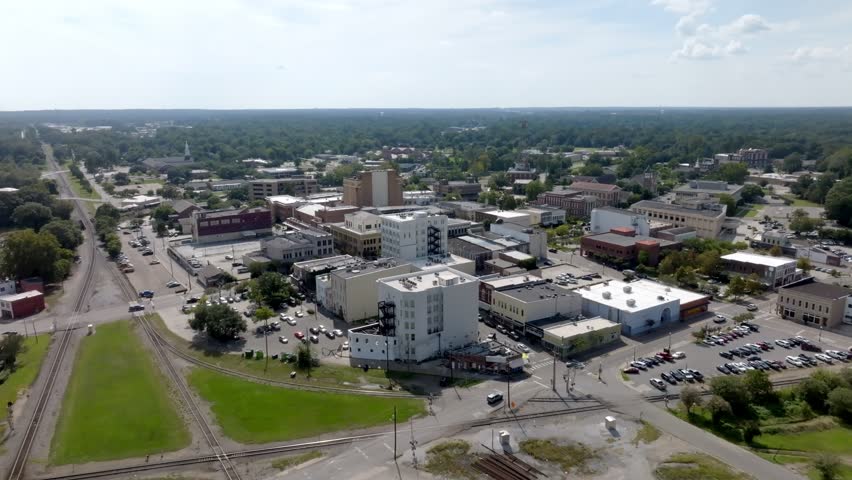 Downtown Hattiesburg, Mississippi with drone video moving in.