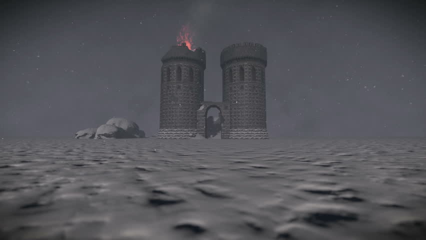 Medieval castle destroyed after battle in the snow.
