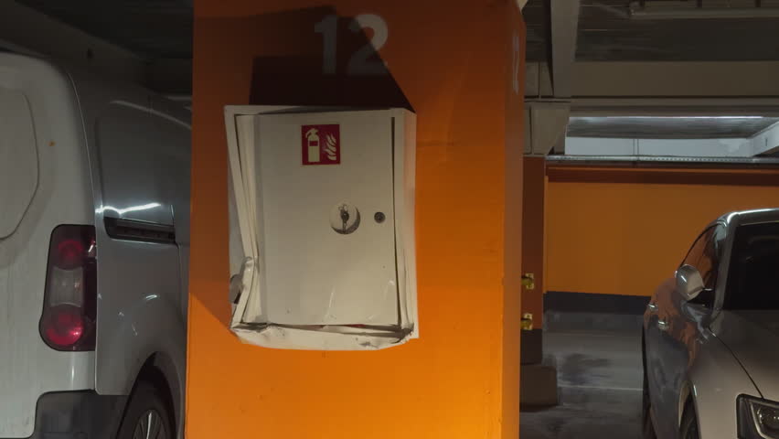 Underground garage features safety and cleanliness cues. Brightly lit underground parking lot with safety and maintenance signs visible