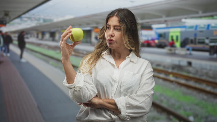 Woman in white shirt holds a green apple up at eye level and inspects it on a railway platform inside a building while other passengers wait; quiet contemplation.