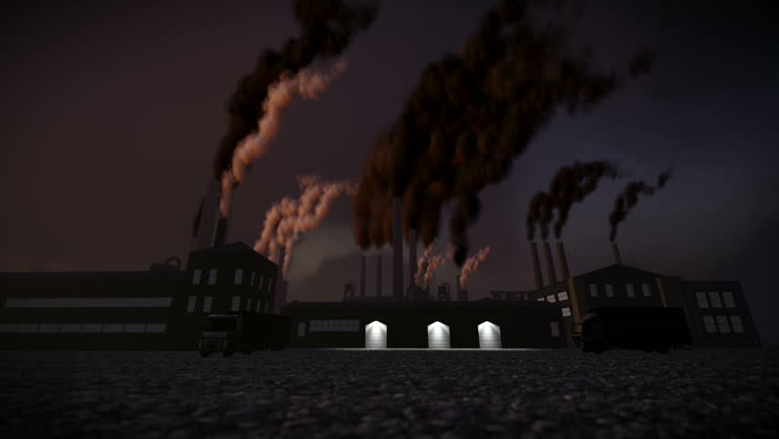 Large factory polluting the environment with its chimneys belching smoke.
