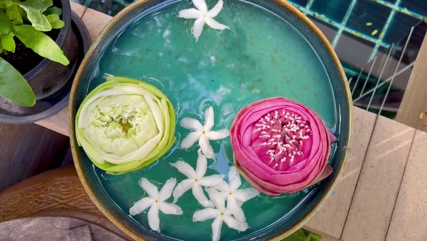 Top view of the bowl with water and lotus and jasmine flowers floating beautiful floral decoration at temple, spa salon or hotel in Thailand
