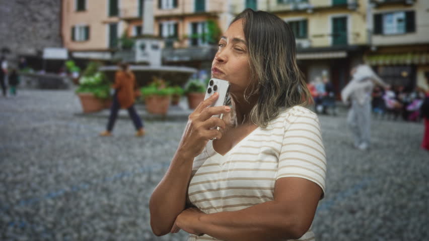 Hispanic woman holding smartphone to chin in cobblestone street plaza, arms crossed and upward gaze as passersby blur behind her; reflection.