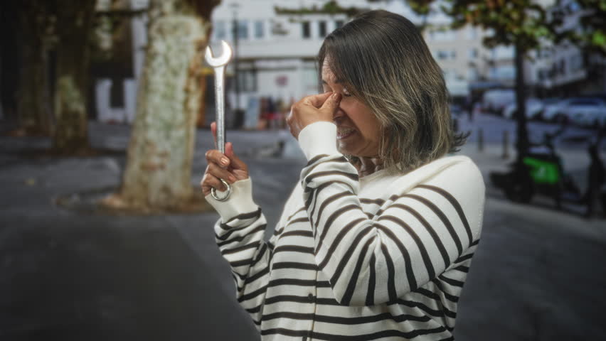 Middle aged woman holds wrench and pinches her nose on a busy city street by a tree and parked scooter; disgust.