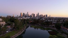 Aerial panoramic view of Downtown Los Angeles skyline with Echo Park Lake at sunset, November 25 2025 - Powered by Shutterstock - Get 15% off with code: PIKWIZARD15