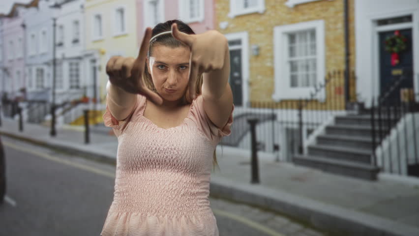 Woman framing scene with hands and fingers on a residential street, staring into camera with deliberate gesture; creative concentration.