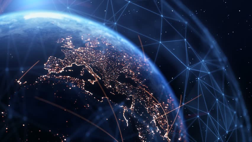 Global Connection Lines. Earth Network Data Transfer. Futuristic AI Technology, 5G, Globe Satellite Communication, Internet Connectivity, Big Data, Digital World Background Animation. Crypto Exchange
