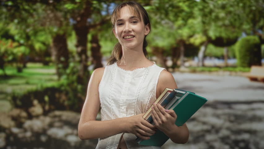 Woman holding books with hands visible on a forest path, smiling and turning head slightly to the side while clutching novels; serenity study focus.