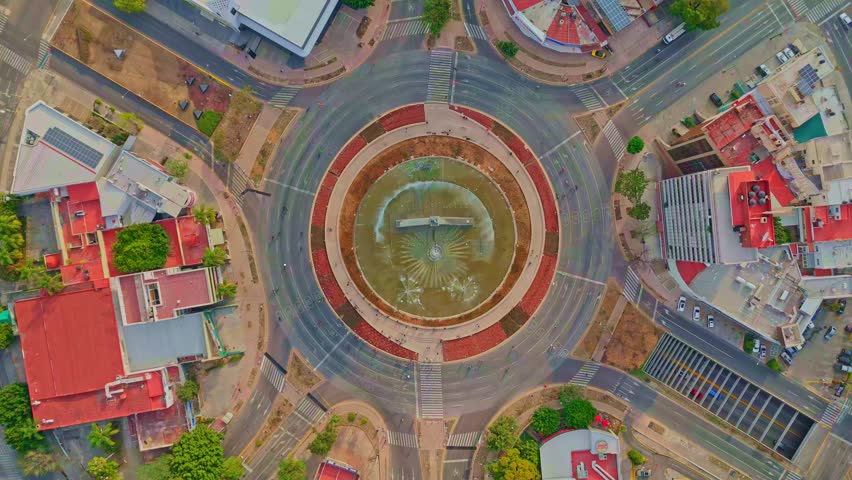 Top-down aerial drone view of Minerva roundabout and fountain in Guadalajara, Mexico