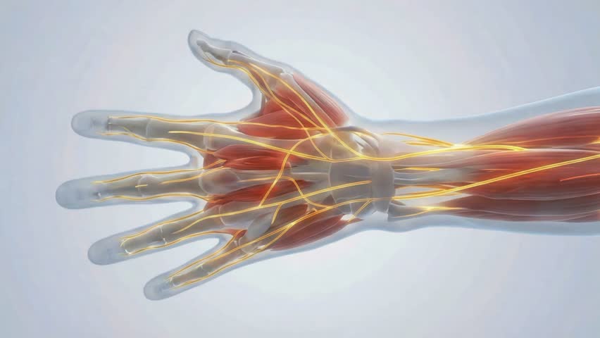 3d medical view of a human hand and wrist flexing with visible muscles, tendons and nerves in motion