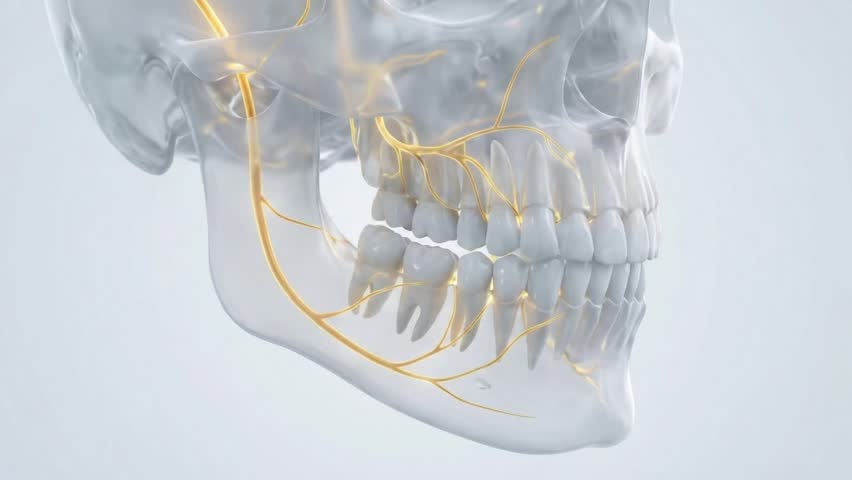3d medical view of human skull and teeth with facial nerve pathways lighting along the jaw and cheek