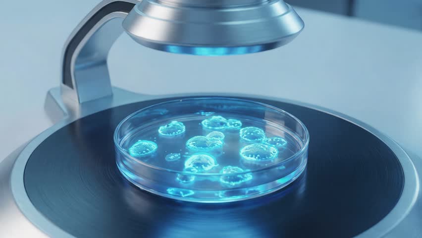 Laboratory microscope scanning a petri dish as glowing cell cultures form and change during biomedical research