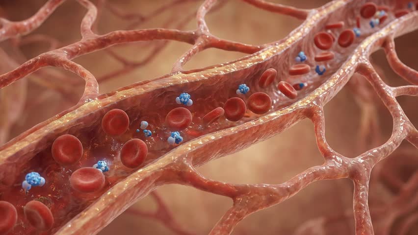 Red blood cells and plasma proteins flowing through a small blood vessel inside human tissue microcirculation