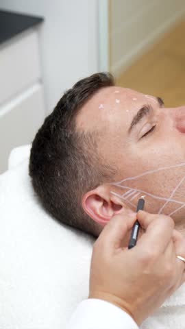 Aesthetic doctor drawing lines with a white pencil on a male patient's face, meticulously preparing the skin for a cosmetic procedure like a facelift or botulinum toxin injections
