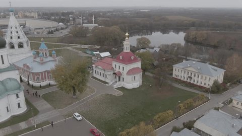 Drone Zooming toward Kolomna Church near River