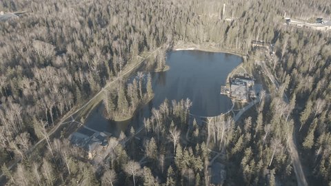 Aerial Approach Descending toward Wooded Pond