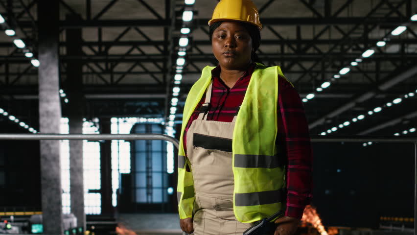 Portrait of african american engineer overseeing industry hall production line, heavy equipment used for steel work manufacturing process. Large-scale machinery in engineering plant.