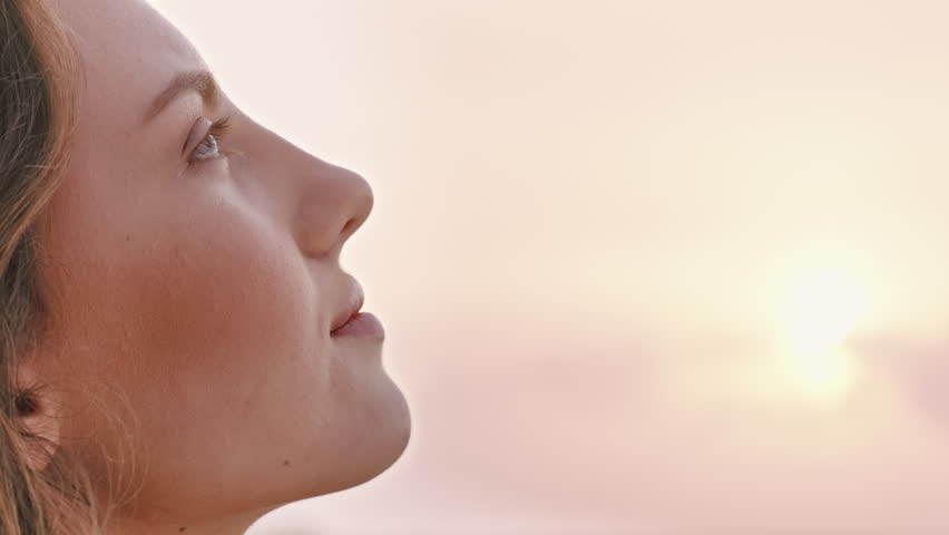 Thinking, calm or woman at beach with fresh air, past memory or mindfulness on weekend break. Reflection, space or person outdoor with mindset, nostalgia or peaceful perspective in free time.
