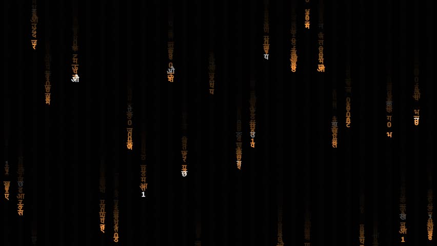 Orange Hindi Devanagari Matrix Digital Rain Code Background, Glowing Amber Indian Tech Data Stream Cyberpunk Concept, Abstract Orange Technology Indian Characters Cascade, High-Tech Thriller Backgrounds