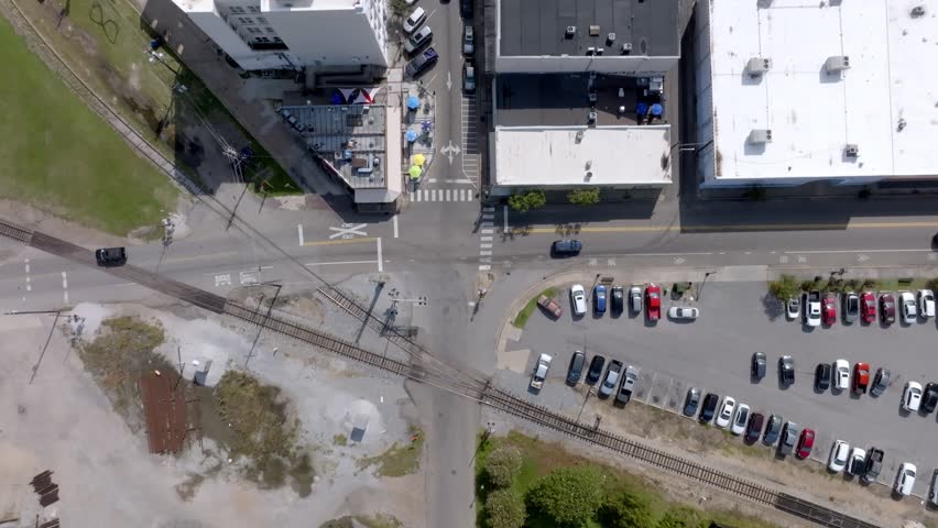 Downtown Hattiesburg, Mississippi with drone video tilting up.