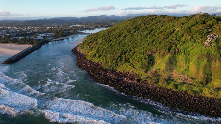 Aerial View Of Burleigh Heads And Tallebudgera Creek At Sunrise In Gold Coast, Queensland, Australia.- pullback shot
