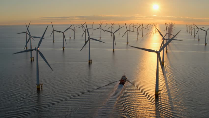 Aerial view of an offshore wind farm in the North Sea at sunrise, rows of white turbines, slowly rotating blades, calm sea, golden light reflecting on water, maintenance vessel approaching, 4k cinematic