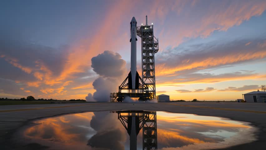 Falcon 9 rocket standing vertical on launch pad at Kennedy Space Center, launch tower with support arms attached, steam venting at base, sunrise sky with orange and purple clouds, reflective pool in foreground, 4k cinematic