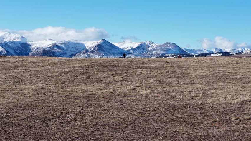 Expansive aerial view of a barren brown plain stretching toward a snow-capped mountain range under a bright blue sky near Whitefish, Montana.