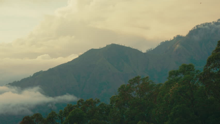 Lush green forest covering Bali mountains with clouds and fog at sunset. Slow Zoom Out
