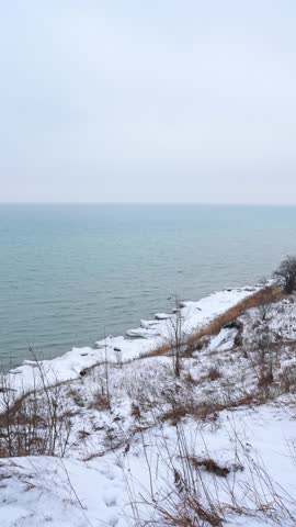 Coastal Cliffs Overlooking the Water at Dawson’s Point near Darlington in Courtice Ontario Canada, Vertical Shot.