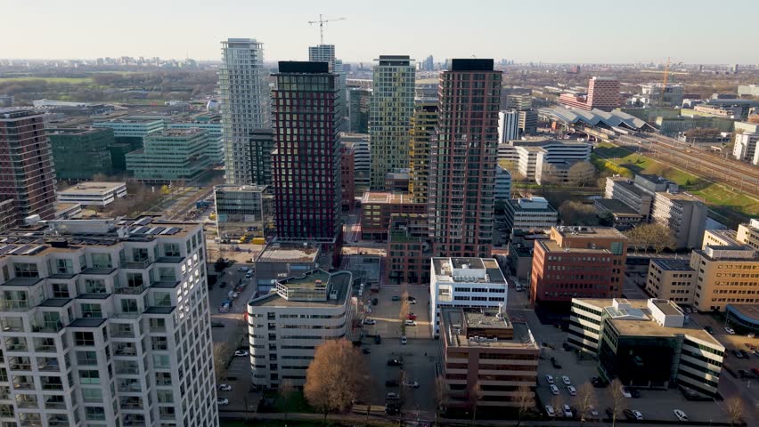 Amsterdam Zuidoost Aerial Cityscape, Housing Development of modern mixed-use skyscrapers