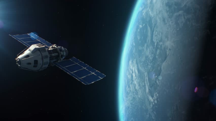 Modern scientific and educational international space satellite station flighting above earth planet.