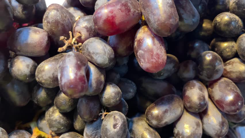 Close up of fresh ripe black seedless grapes with natural bloom in a local fruit market