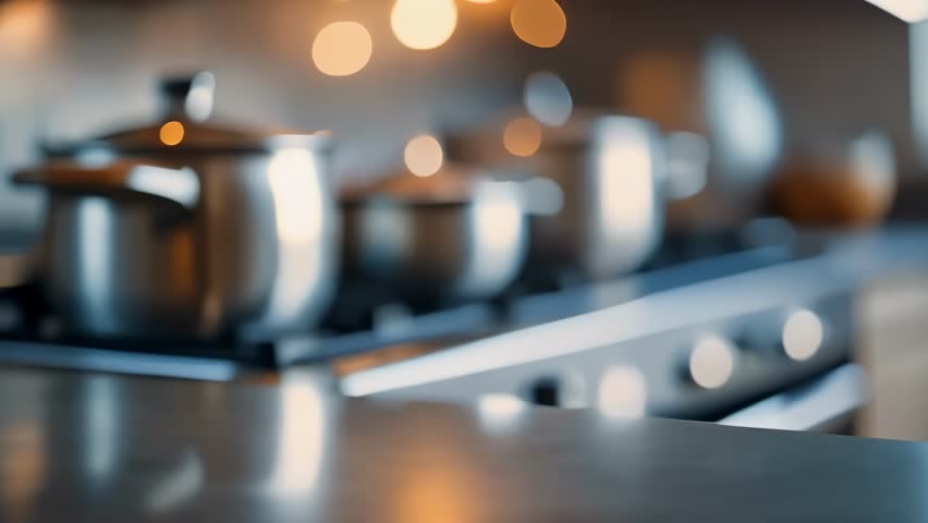 Blurry view of shiny metal cookware