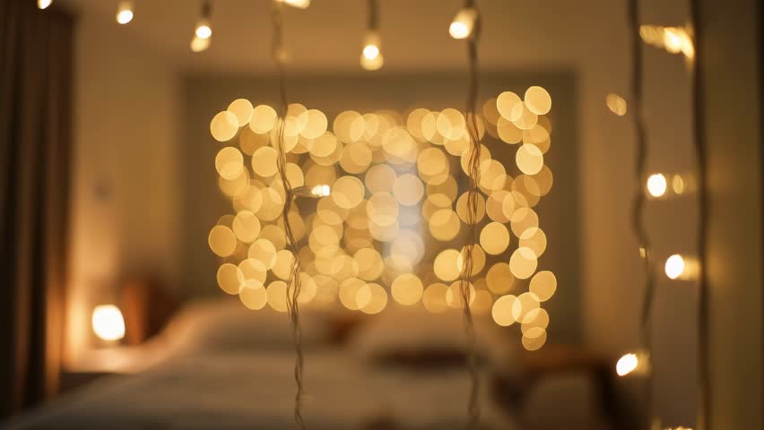 A dark room with warm string lights