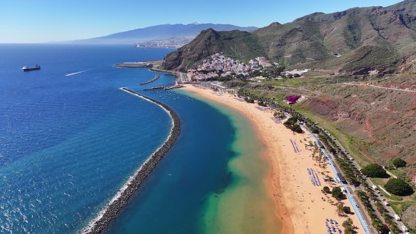 Las Teresitas beach with white sands in Tenerife. Canary Islands. Aerial video.