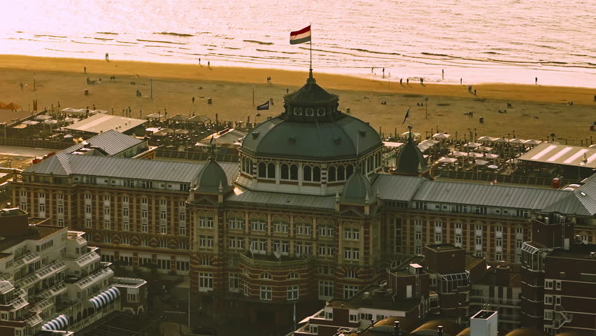 Aerial view of Scheveningen Beach in city Hague, Scheveningen Pier and famous Ferris wheel skyview de Pier