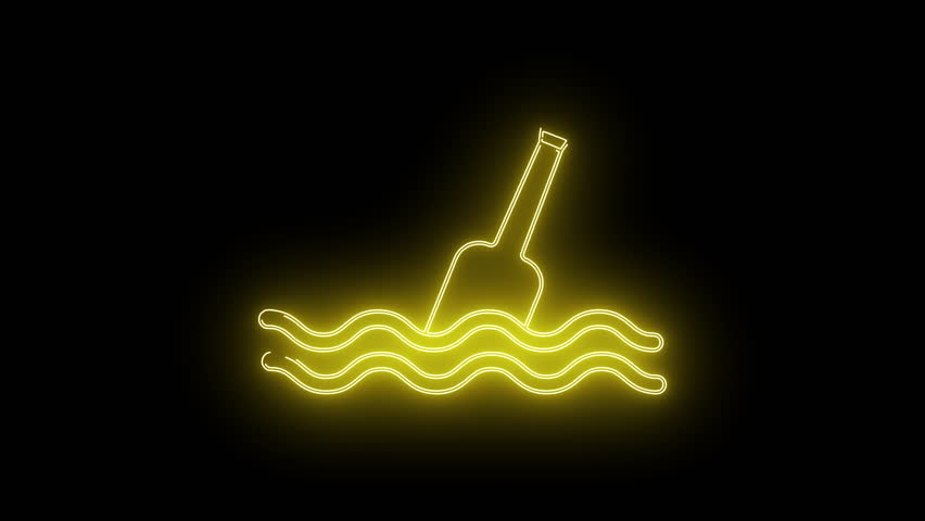 Glowing yellow neon bottle in wavy water against a black background