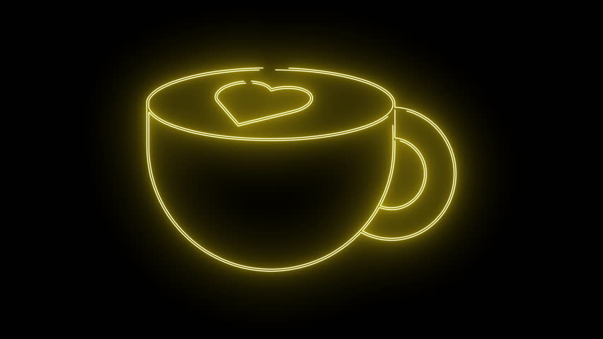Luminous yellow outline of a coffee cup with a heart shape inside against a dark black background